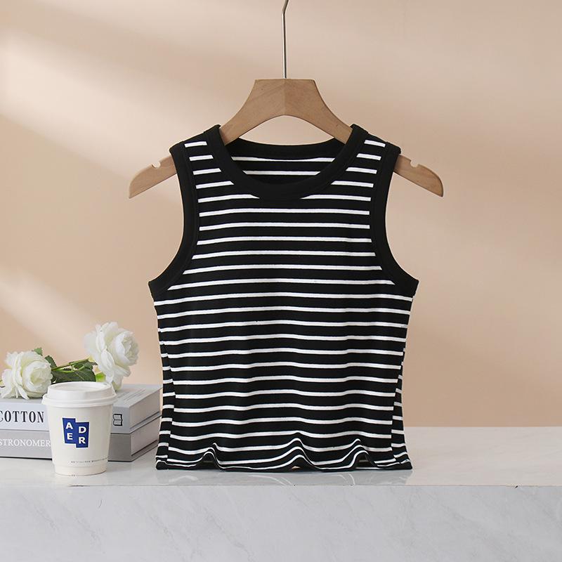 

White Striped Cotton Camisole with Built-in Bra, Wide Straps, and Cropped Design for Women M