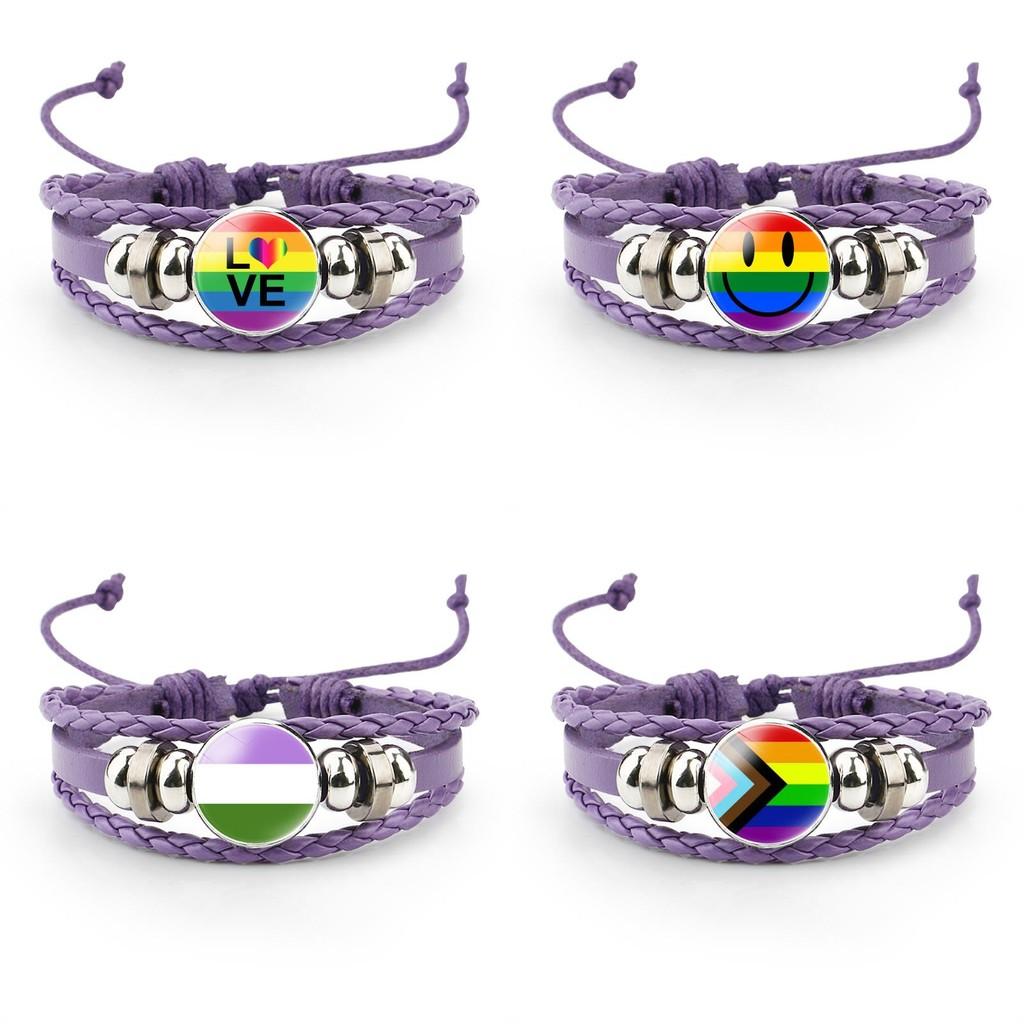 Unique Purple Leather Bracelet With Rainbow Flag Time Gemstone For Men And Women