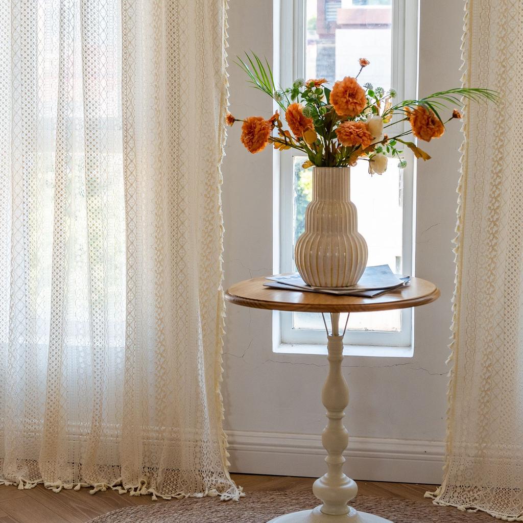 French Retro Gentle Lace Curtains American Crochet Hollowed Out Fresh And Translucent Kitchen Living Room Bay Window Curtain Finished Product