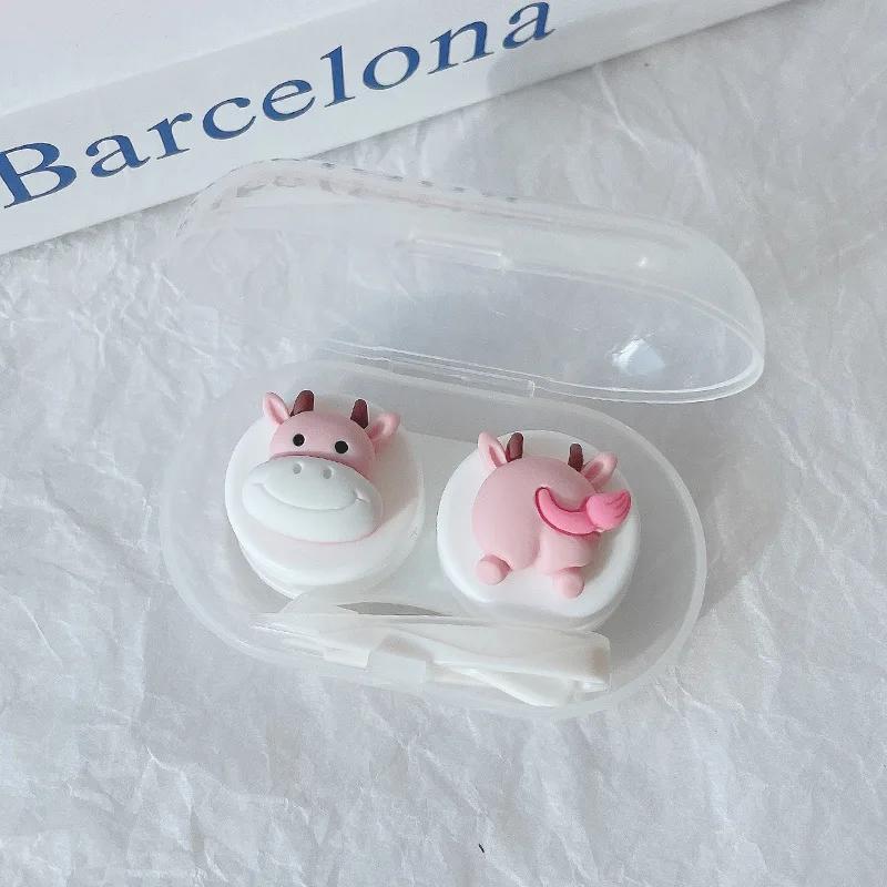 Kawai Pink Rabbit Cow Fox Bear Pattern Contact Lens with Tweezer Suction Stick Girls Portable Contact Lenses Box Container