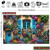 2D Vibrant Flower Stone Wall Backdrop, Blue Window Floral Cottage Party Banner