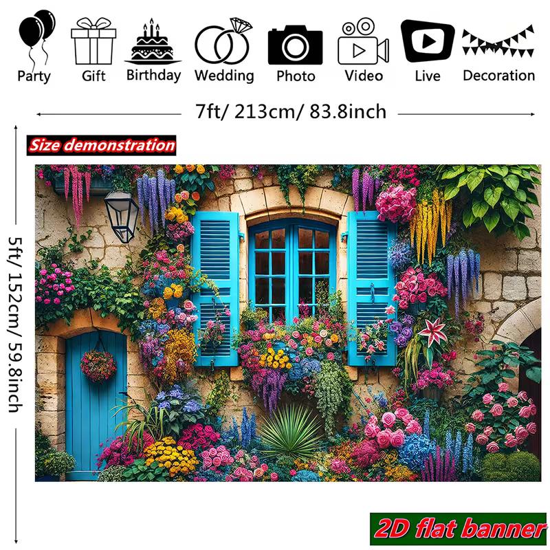 2D Vibrant Flower Stone Wall Backdrop, Blue Window Floral Cottage Party Banner