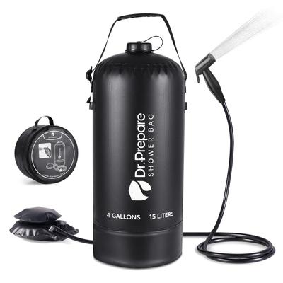 DR.PREPARE Portable Shower, Simple Outdoor Manual Pressurized Shower, Camping, Beach, Pump, Solar Heating, Emergency Use, 15L Tank, Black