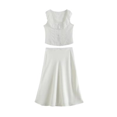 Women's Sleeveless Ruffle Lace Tank Top High Waist A Line Skirt Two Piece Set