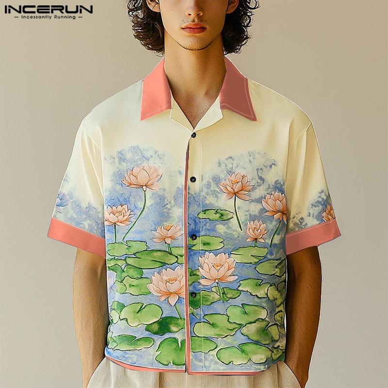 INCERUN Oversized Men Stitching Casual Loose Short Sleeve Print Shirts Tops