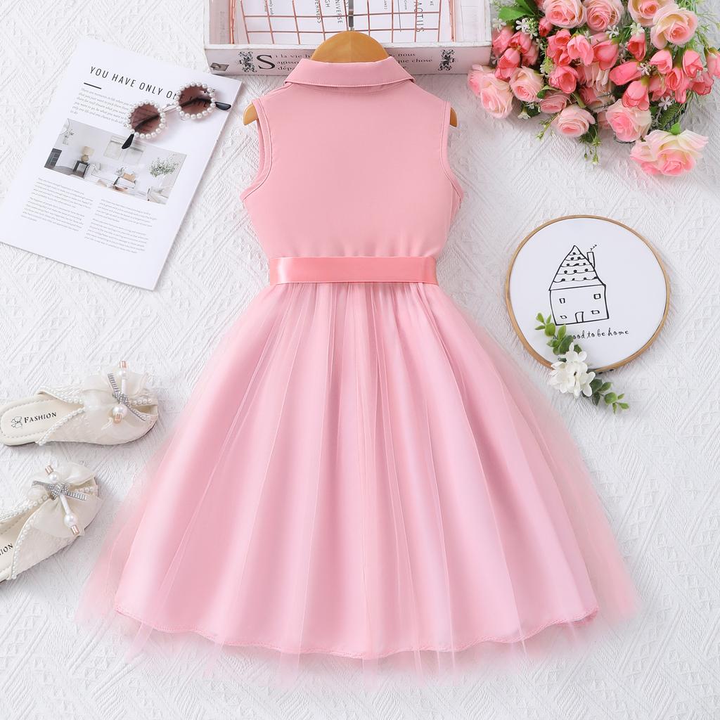 Mädchen (Größe) Kleid, Einfarbiges ärmelloses Revers-Netzkleid mit gewebtem Gürtel