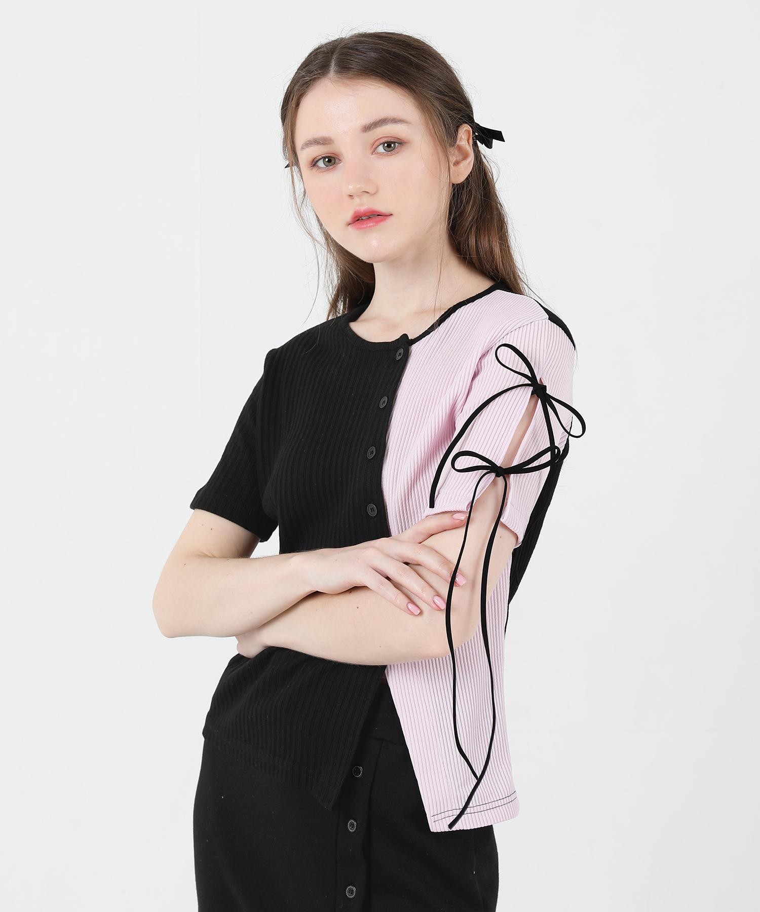 Kathrin Slit Ribbon Contrast Short Sleeve T-Shirt (Pink) Pinnk
