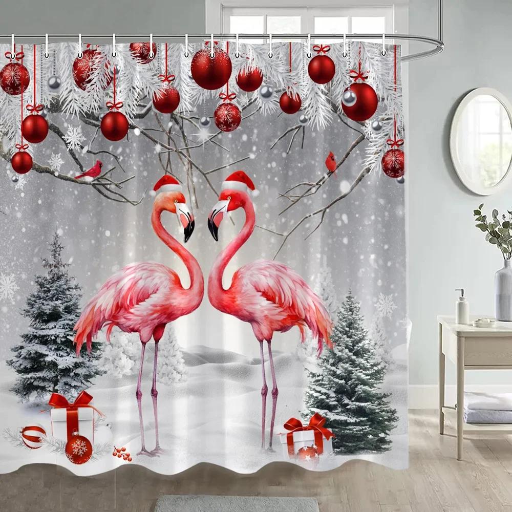 Funny Flamingo Christmas Shower Curtain Winter Forest Cedar Snowflake Nature Snow Scene New Year Xmas Bathroom Decor With Hooks
