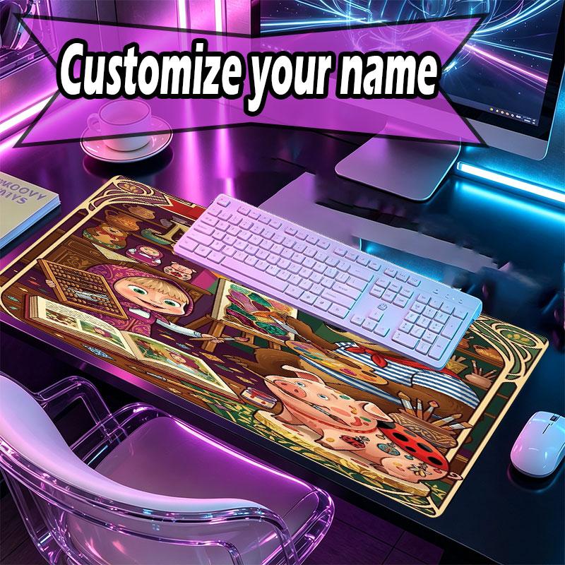 Custom Name Personalized Masha and the Bear Pattern Mousepad, Laptop PC Desk Mat, Decorative Desk Mat for Home Keyboard Pad Gift