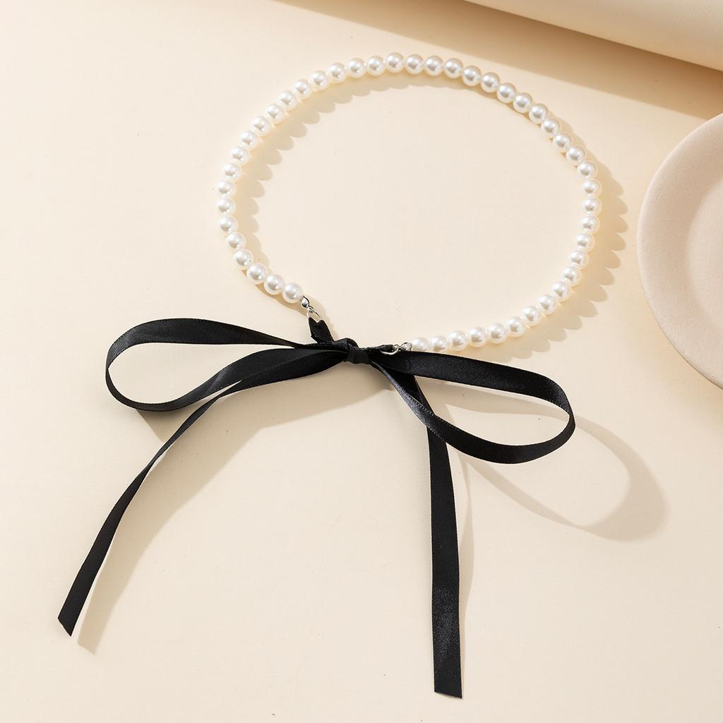 Accessories Retro Long Bow Clavicle Chain Neck Chain DIY Lace Velvet Pearl Necklace Women