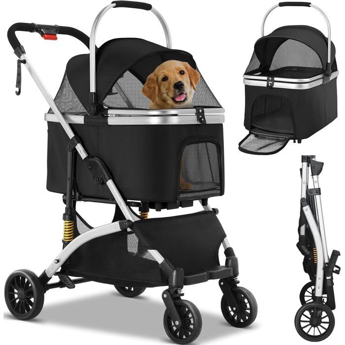 Foldable 3-in-1 Dog Cat Stroller, Pet Stroller with 360° Wheels, Storage Basket, Mesh Window, Cup Holder