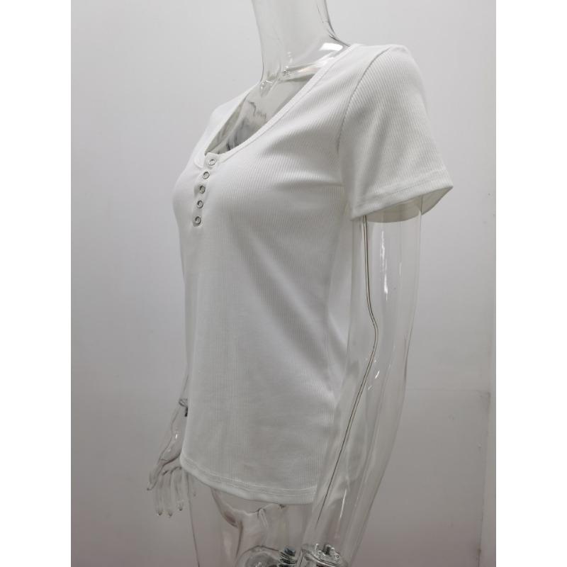 Summer Women Solid Colour Casual T-Shirt U Neck Pullover Tight Short Sleeve Top