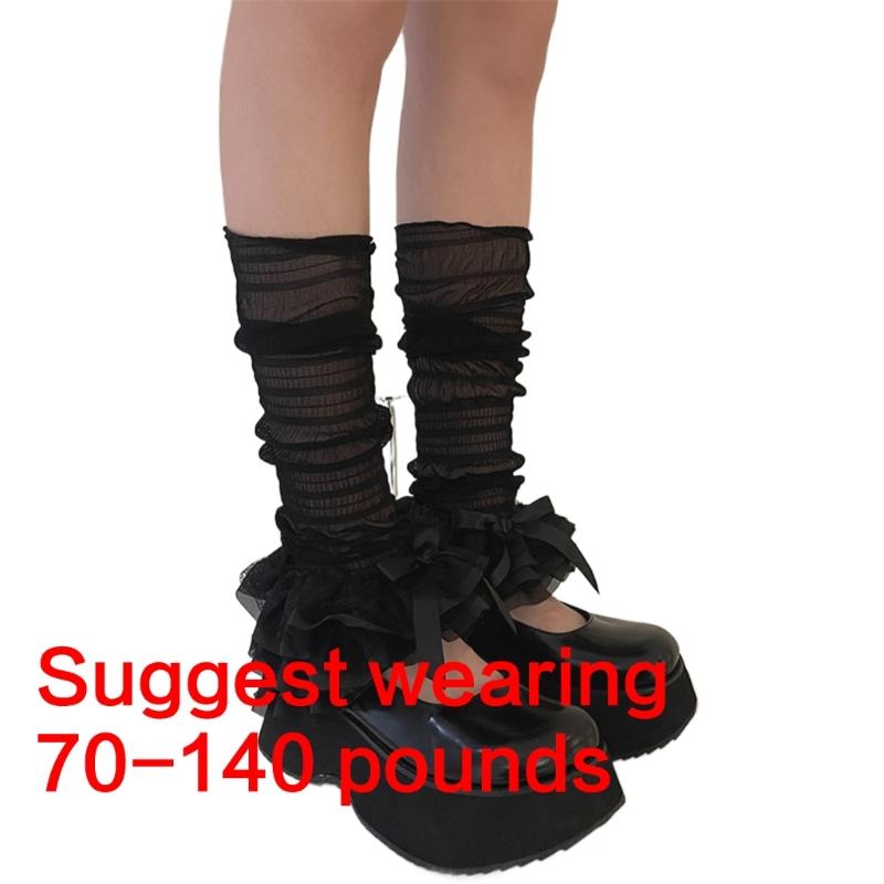 Vintage durchsichtiger Netz-Beinwärmer-Ärmel für Damen Elegante gestufte Rüsche Spitze Schleife Ausgestellte lockere Beinabdeckung Lange Socke