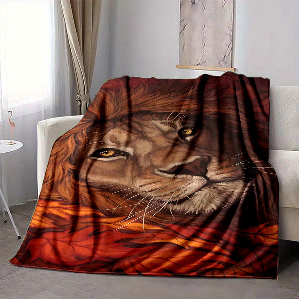 1pc Lion, Autumn Leaves Blanket Lightweight Flannel Blanket Throw Blanket For Sofa, Bed, Travel, Camping, Livingroom, Office, Couch, Chair, And Bed yy