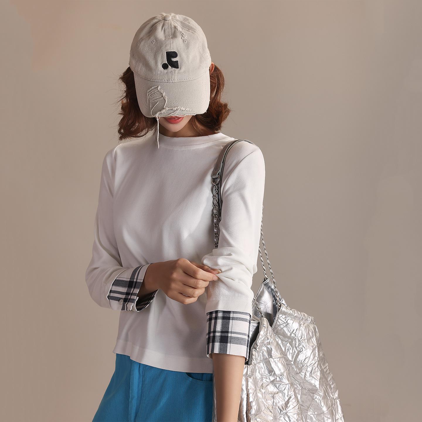 

White Plaid Patchwork Long Sleeve Round Neck T-shirt - Two-Piece Layered Design - Cotton Stretch Small белый