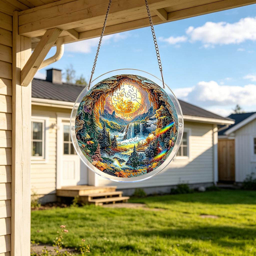 1cm Acrylic Puzzle Suncatcher Hanging Decoration Round Shape Landscape Design with Interlocking Pieces for Window Display and Room Ornament