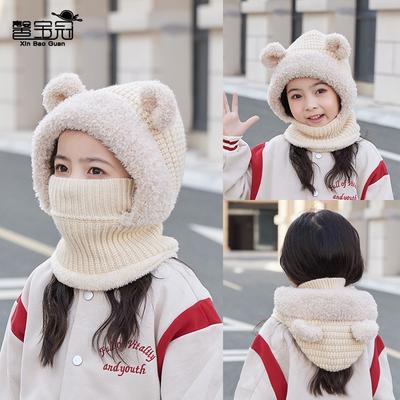 Children's Hat Winter Outdoor Velvet Warm Knitted Wool Hat Cartoon Cute Bear Mask Scarf Integrated Hat