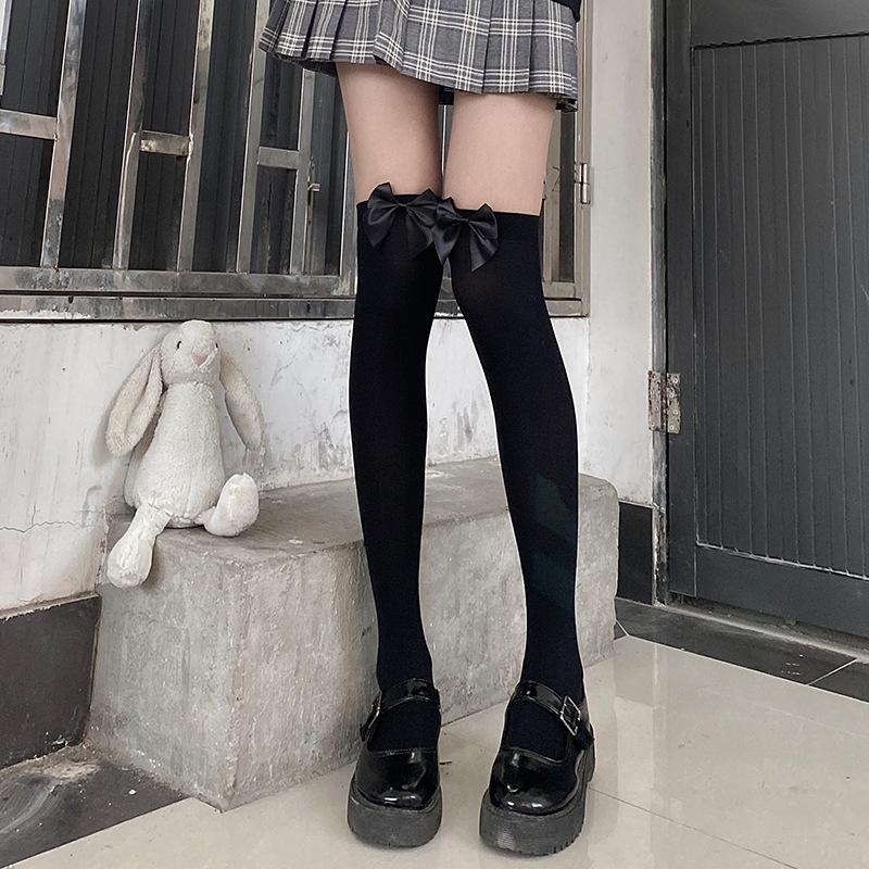 

Носки с бантом Велюровые Летние Тонкие Длинные Черно-белые Шёлковые Школьные JK Тонкие Ноги Форма Высокие Носки one size