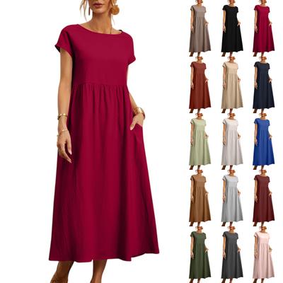 Rochie de damă colorată, cu mânecă scurtă, largă, din bumbac și in, cu buzunare