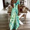 Women Plus Size V Neck Short Sleeve Green Blue Printed Straight Long Dress