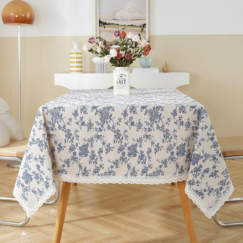 Blue Floral Pastoral Tablecloth, Vintage Cotton Linen Rectangular Table Cover  For Dinner Picnic Coffee Party Table Home Decor