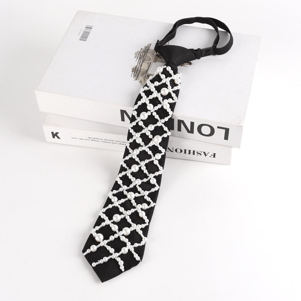 Modern Unisex Neck Tie With Pearl Detailing In Black For Formal And Casual Wear