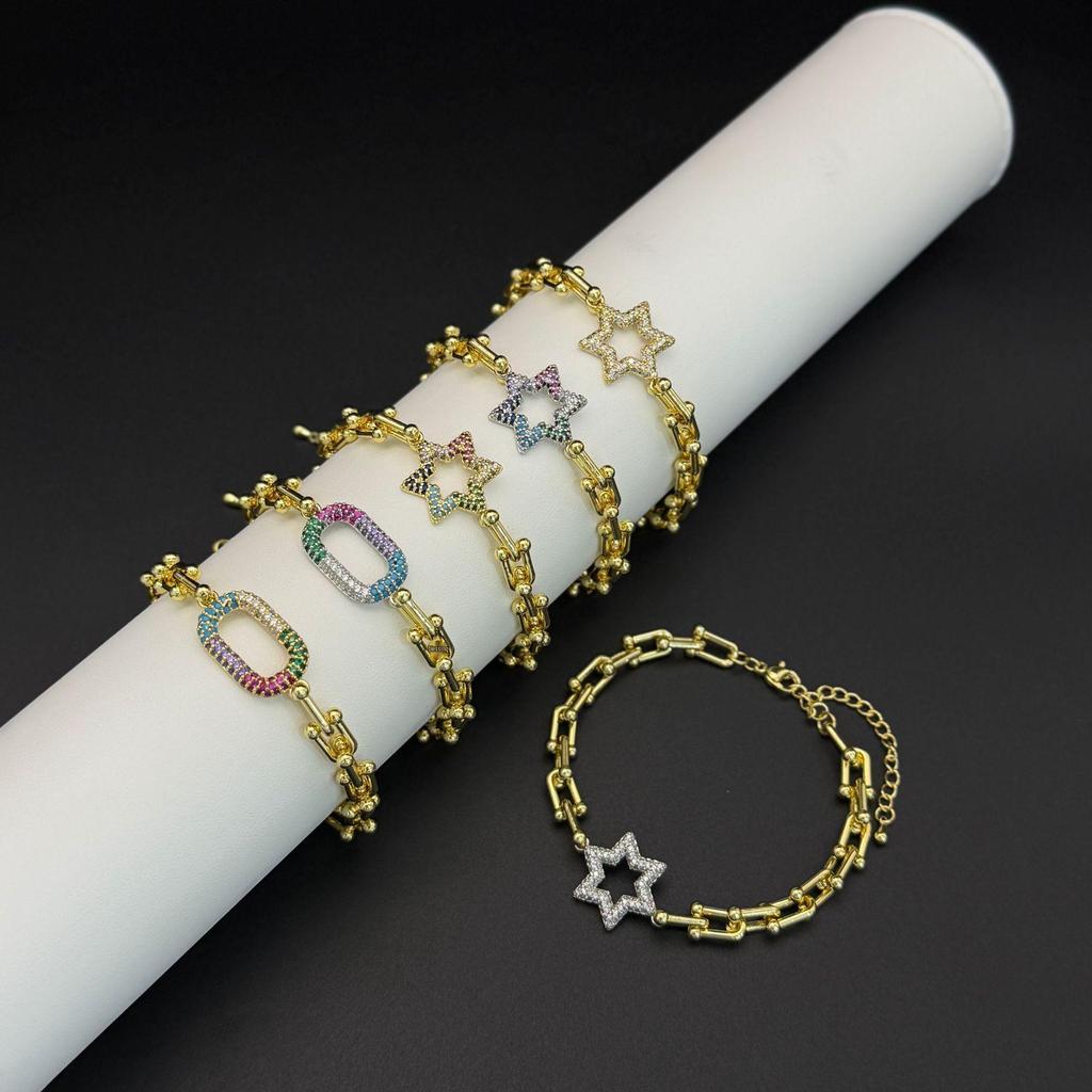 European & American Punk Chunky Chain Bracelet - T-shaped Zircon Inlaid, Hip Hop Metal Style, Colorful Hand Jewelry