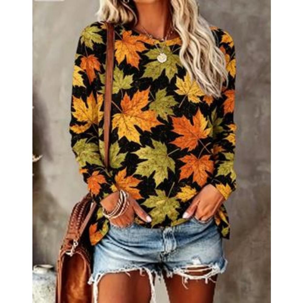 Women Long Sleeve T‑Shirt Autumn Maple Leaf Print Crew Neck Loose Fit Casual Fall Daily Blouse Tops