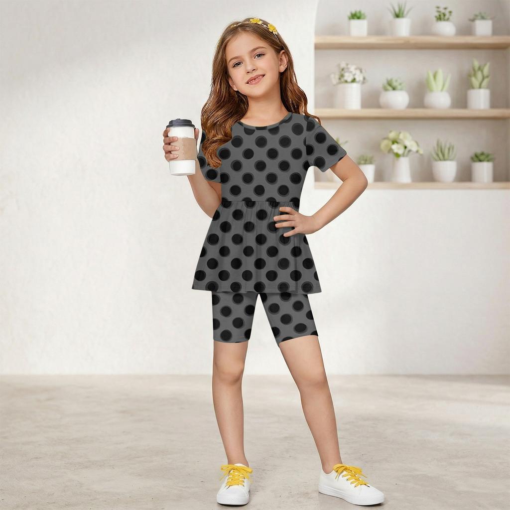 Sommer-Outfit-Set für Mädchen Polka-Dot-Print Kurzarm-Oberteil mit Rüschensaum und Shorts