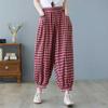 Women's Plaid Linen Cotton Loose Harem Pants Elastic Waist Casual Bloomers