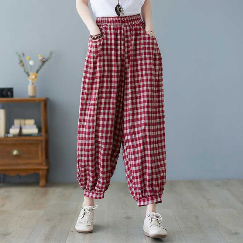 Women's Plaid Linen Cotton Loose Harem Pants Elastic Waist Casual Bloomers