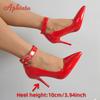 Móda Aphixta Kovová spona na opasek Pásek Pimp Červená Černá 10cm Jehlové podpatky Lodičky Dámské párty boty Nýty Špičatá špička Velikost 51 52 53