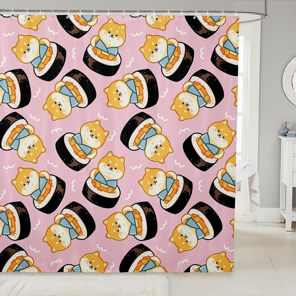 Kids Cute Cartoon Sushi Shower Curtain Japanese Sushi Bathroom Shower Curtain Set For Boys Girls Kawaii Style Sushi Bath Curtain