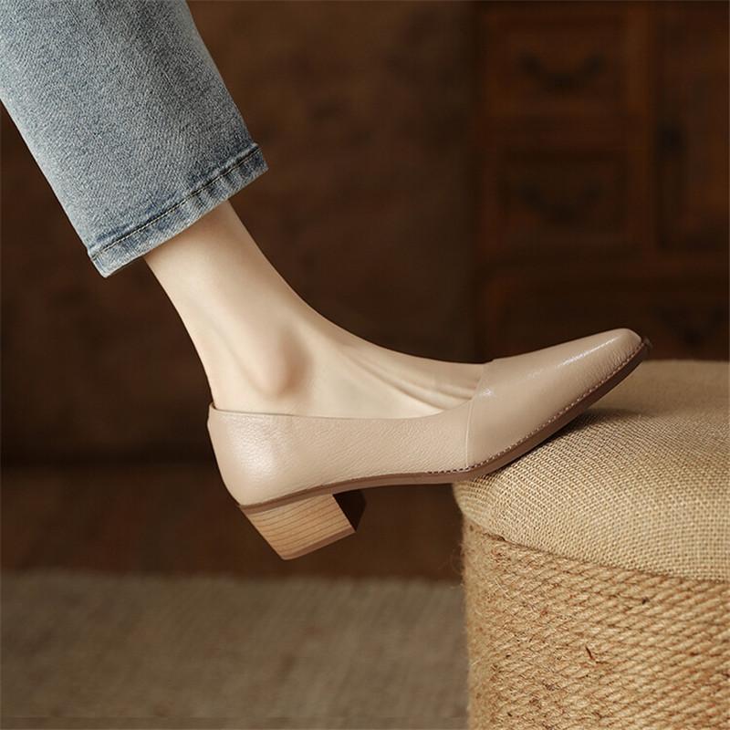 Fashion New Spring/Summer Women Shoes Pointed Toe Chunky Heel Shoes for Women Handmade Genuine Leather Women Pumps Zapatos De Mujer