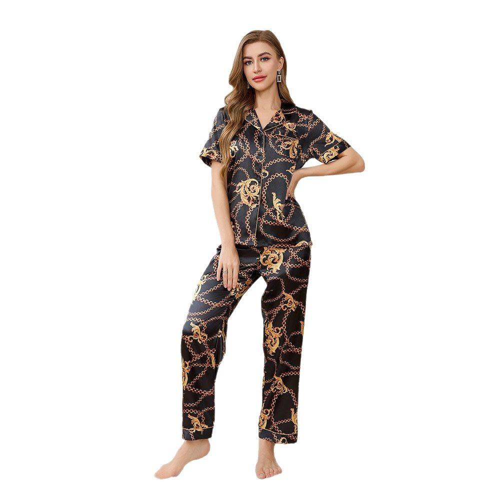 Yaoting ice silk pajamas women's summer short-sleeved trousers loungewear set high-end printing two-piece set TZ1111