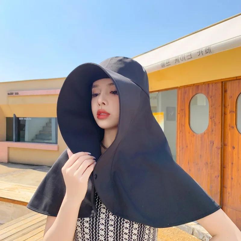 

Large Shawl Sun protection Hat for Women s Neck protection Hat Wide Brim Shawl Sunscreen Ponytail Cap чёрный