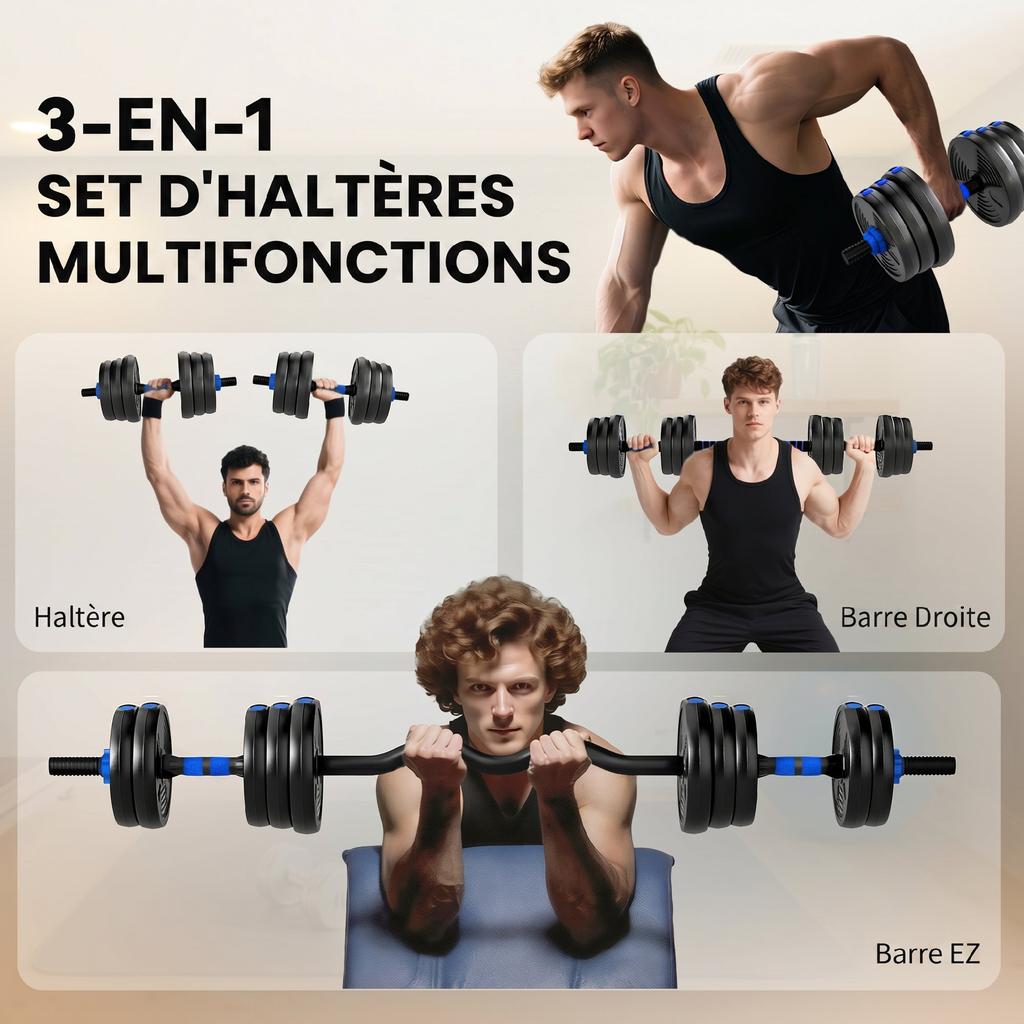Adjustable Dumbbell Set, 25 Kg, 3-in-1, Extension Bar, Blue
