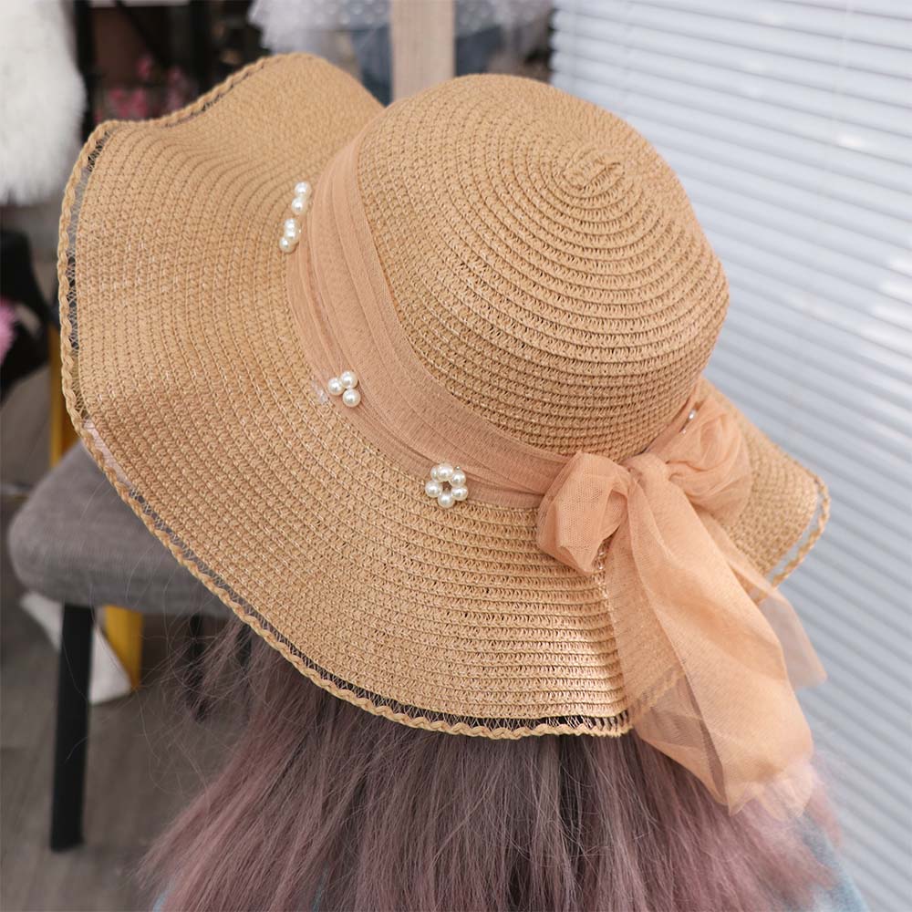 Spring Summer Bow Ribbon Straw Hat French Style Women's Sun Hat Ins Lace Pearls Straw Hat Outdoor
