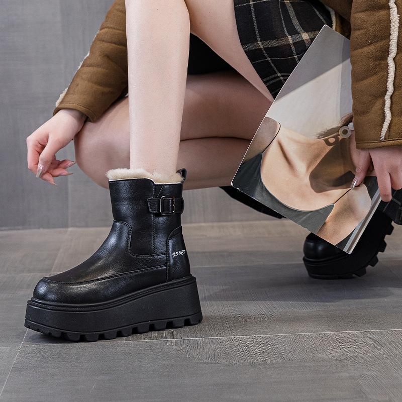 Leather Platform Martin Boots Women's Autumn and Winter New Small Velvet British Retro Short Boots
