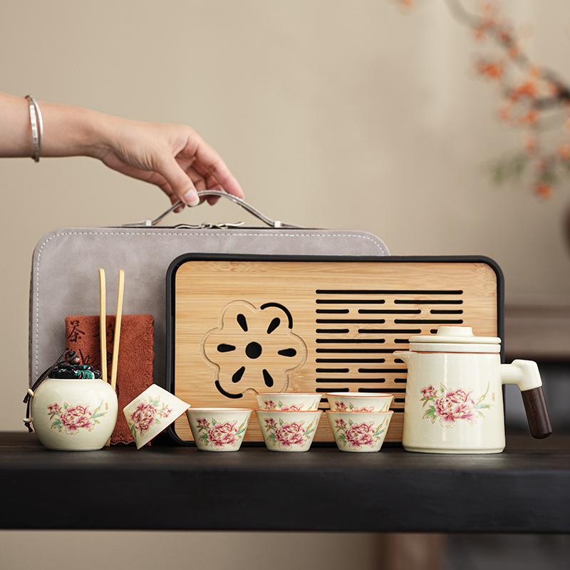Retro Ru Kiln Travel Kung Fu Tea Set Peony Light Luxury Set Outdoor Tea Pot Kuaike Cup Guochao Gift