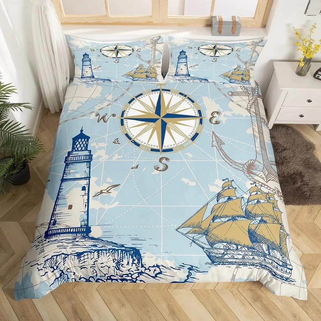 Nautical Anchor Duvet Cover Set Vintage Sail Boat Lighthouse Bedding Set Conch Starfish Seashell Ocean Wave Comforter Cover King