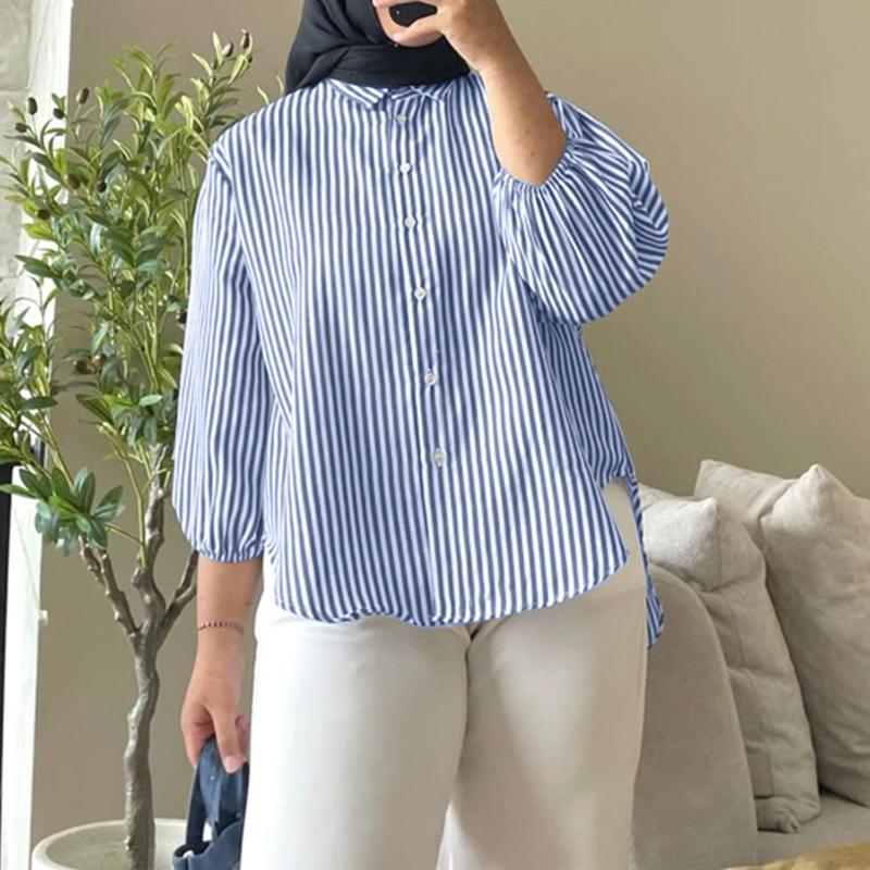 ZANZEA Women Turn Down Collar Loose 3/4 Sleeve Stripe Blouse
