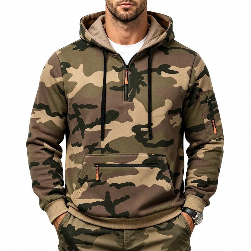Men S Outdoor Casual Camo Fleece Half Zip Hooded Long Sleeve Sweatshirt