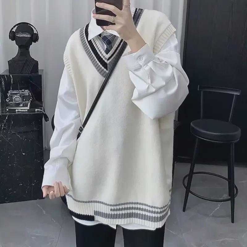 College-Style Knitted Wool Vest - Men's Autumn/Winter Casual Fashion Sweater