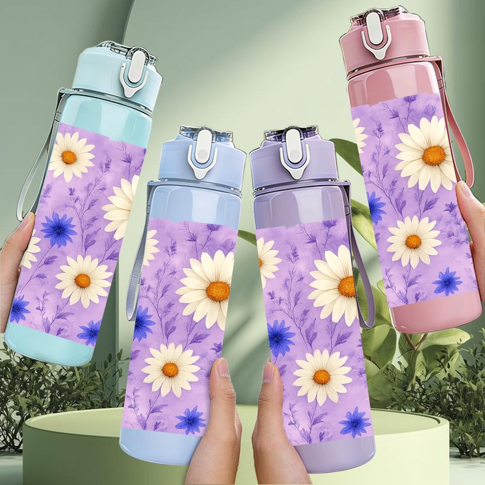 1PC Purple Daisy Floral Pattern 750ml Color Plastic Sports Water Bottle Leakproof Flip Straw Lid Suitable for Sports Office Home Use