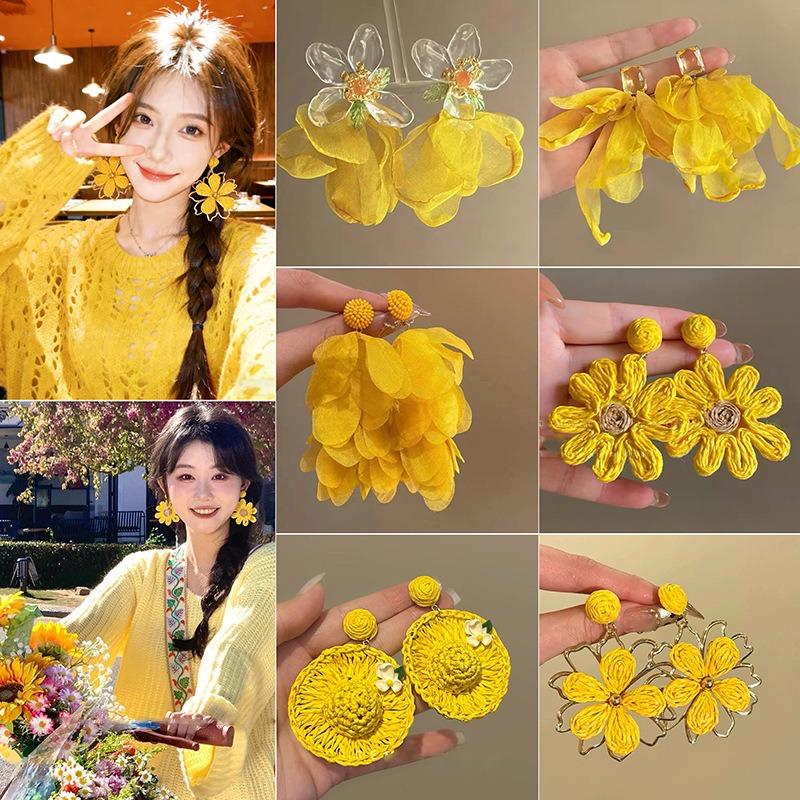 Super fairy yellow mesh earrings women's vacation style chiffon sweet stud earrings atmosphere seaside high-end color earrings