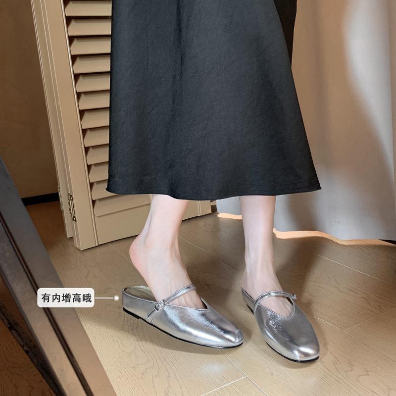 Sheepskin version inner height increase leather word with shallow mouth single shoes bag head half slippers women's Mary Jane shoes