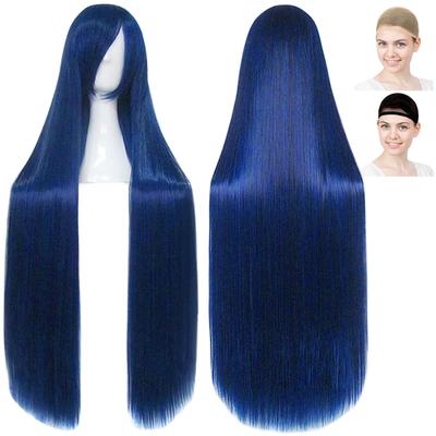 Peruca Cosplay CaseEden, Longa, Lisa, 100cm, Suave, Mistura Azul Escuro e Preto, Inclui 2 Redes para Peruca