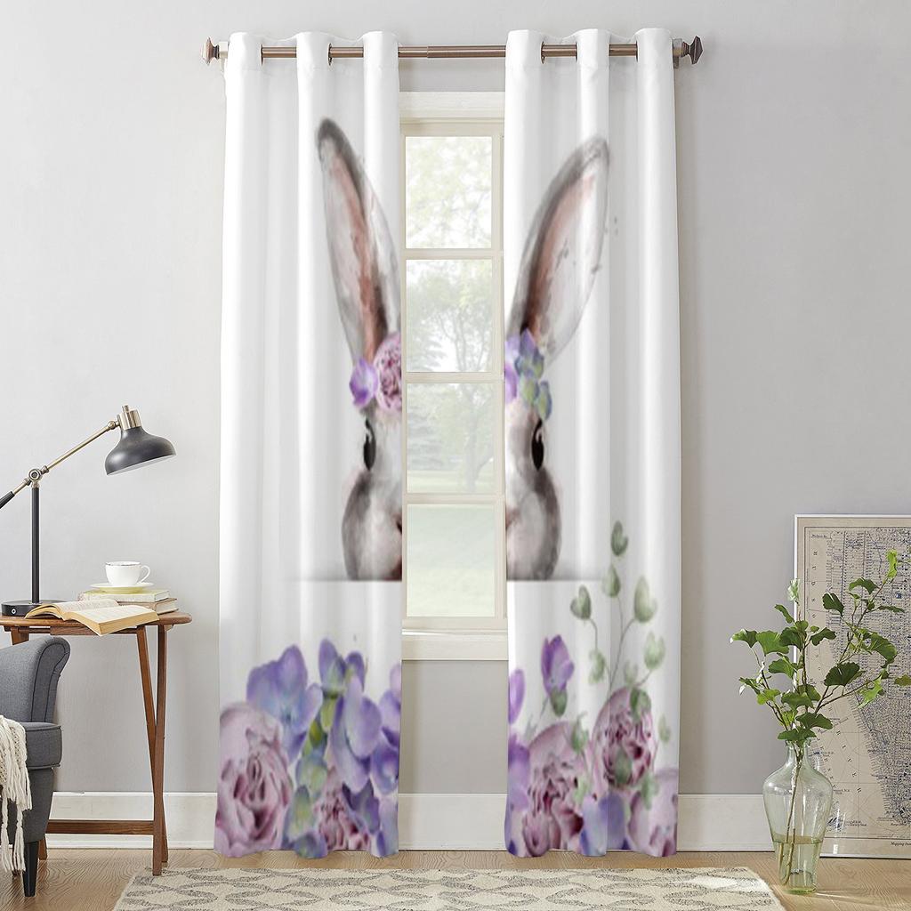 Modern Window Curtains Bunny Rabbit with Flowers Watercolor Luxury Fashion Curtains for Living Room Bedroom Kitchen Drapes