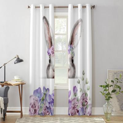 Modern Window Curtains Bunny Rabbit with Flowers Watercolor Luxury Fashion Curtains for Living Room Bedroom Kitchen Drapes